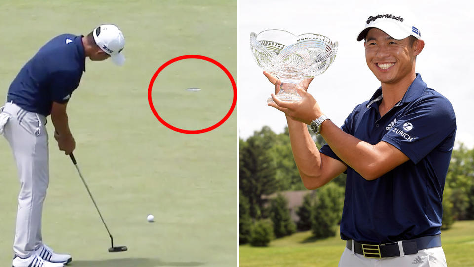 Collin Morikawa (pictured left) sinking a 24-foot putt and (pictured right) celebrating after the win. (Images: PGATour/Getty Images)