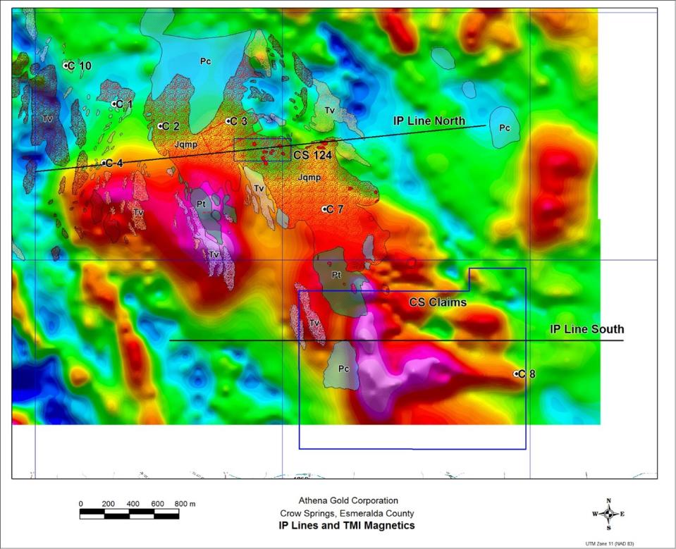 <i><strong>Figure 3. Map depicting 2017 helicopter Magnetics radiometric survey over Athena's CS claims (IP Line #1 South) and Athena claim CS-124 (IP Line #2 North).</strong></i>