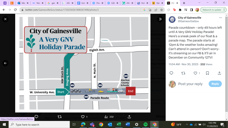 The route for the 2023 Gainesville Holiday Parade which takes place Saturday, Dec. 2.