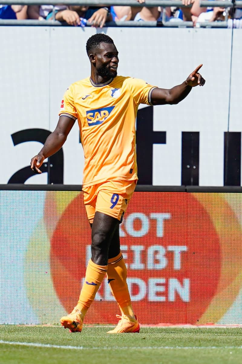 Hoffenheim's Ihlas Bebou celebrates scoring his side's first goal during the German Bundesliga soccer match between Darmstadt 98 and TSG 1899 Hoffenheim at Merck-Stadion am Boellenfalltor. Uwe Anspach/dpa