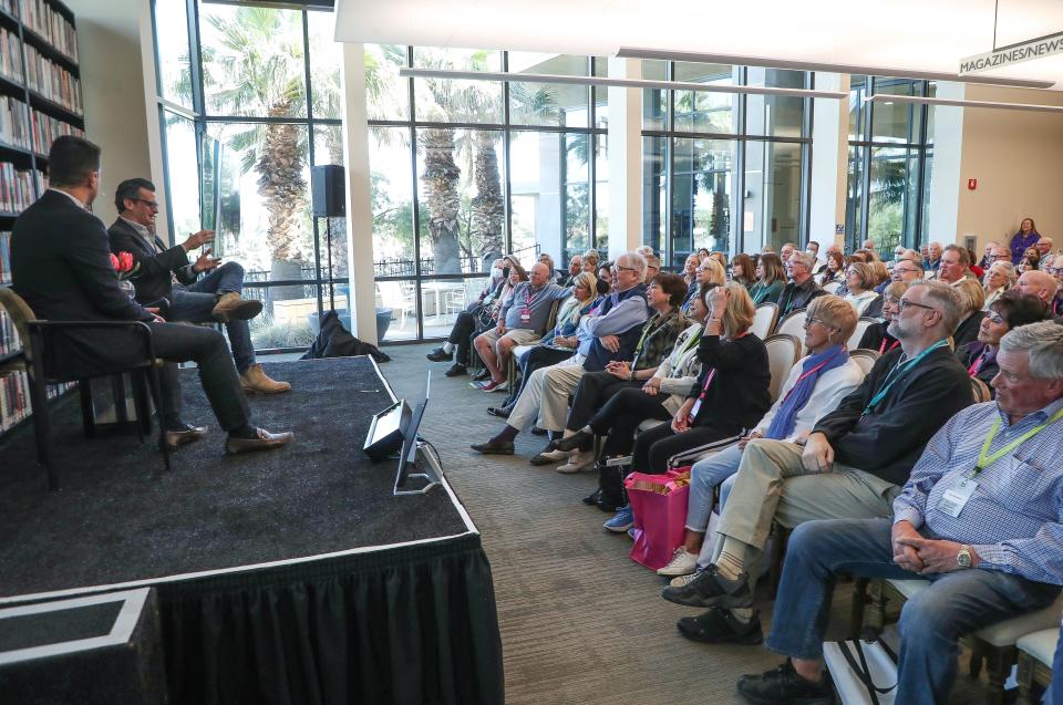 Ben Mankiewicz and Dave Karger have a discussion during the Rancho Mirage Writers Festival at the Rancho Mirage Public Library, February 1, 2023.  