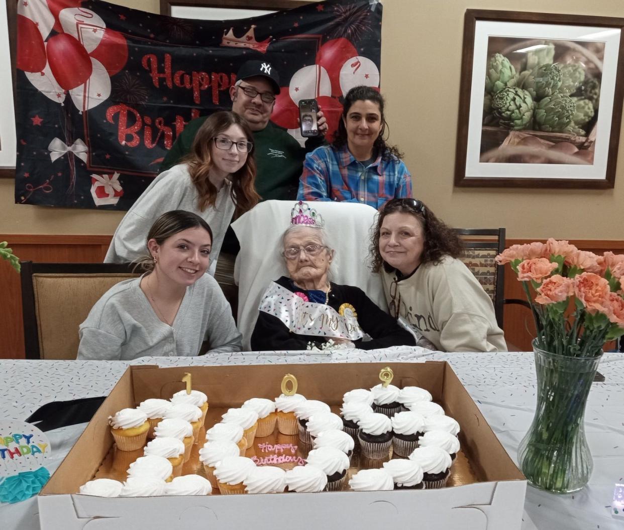 Frances Gagliardi turned 109 years old on April 5, 2024. Family members surround her for her birthday picture at Julia Ribaudo Extended Care Center in Lake Ariel. Clockwise from left are great-granddaughter Briana Schwartz, great-granddaughter Sara Schwartz, grandson Arthur Demeo, granddaughter Stephanie Demeo and granddaughter Christina Gagliardi.