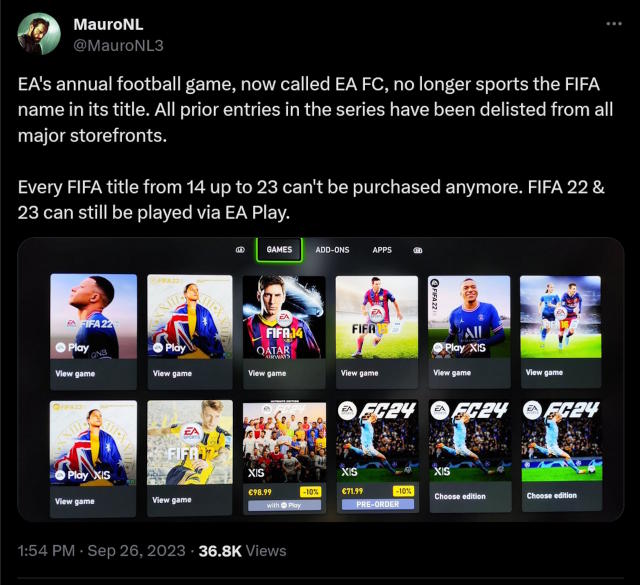 FIFA games removed from sale ahead of EA Sports FC 24 release