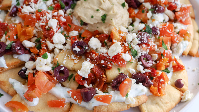 Mediterranean nachos on a plate