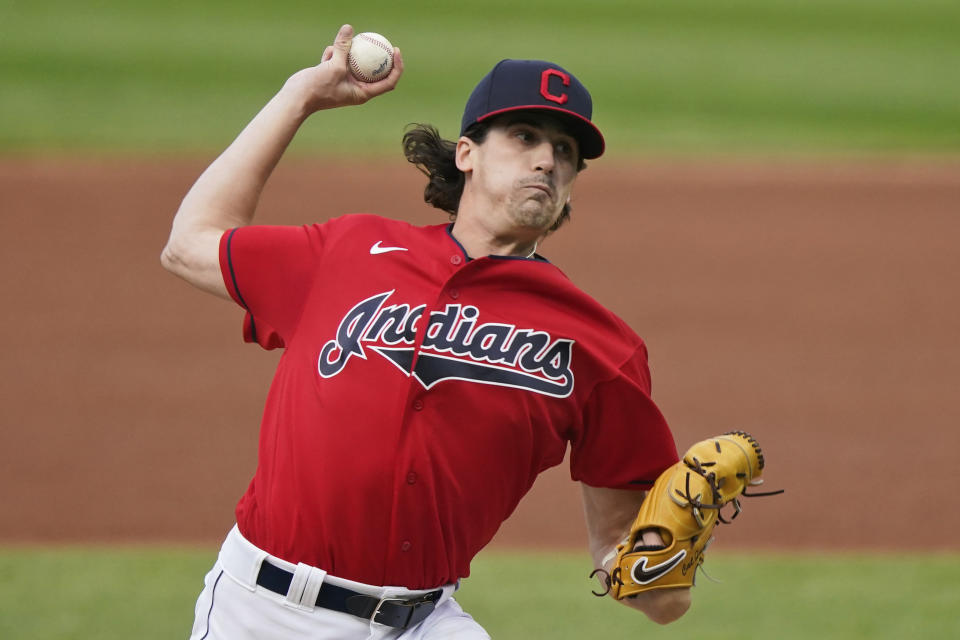 Cleveland Indians starting pitcher Cal Quantrill deliver in the first inning of a baseball game against the Chicago White Sox, Tuesday, Sept. 22, 2020, in Cleveland. (AP Photo/Tony Dejak)