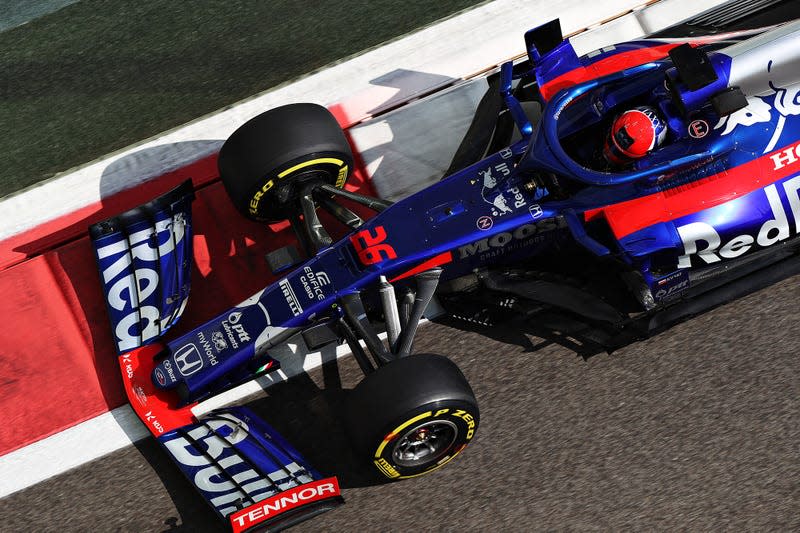 Daniil Kvyat driving the Scuderia Toro Rosso STR14 Honda on track during practice for the 2019 F1 Grand Prix of Abu Dhabi at the Yas Marina Circuit.