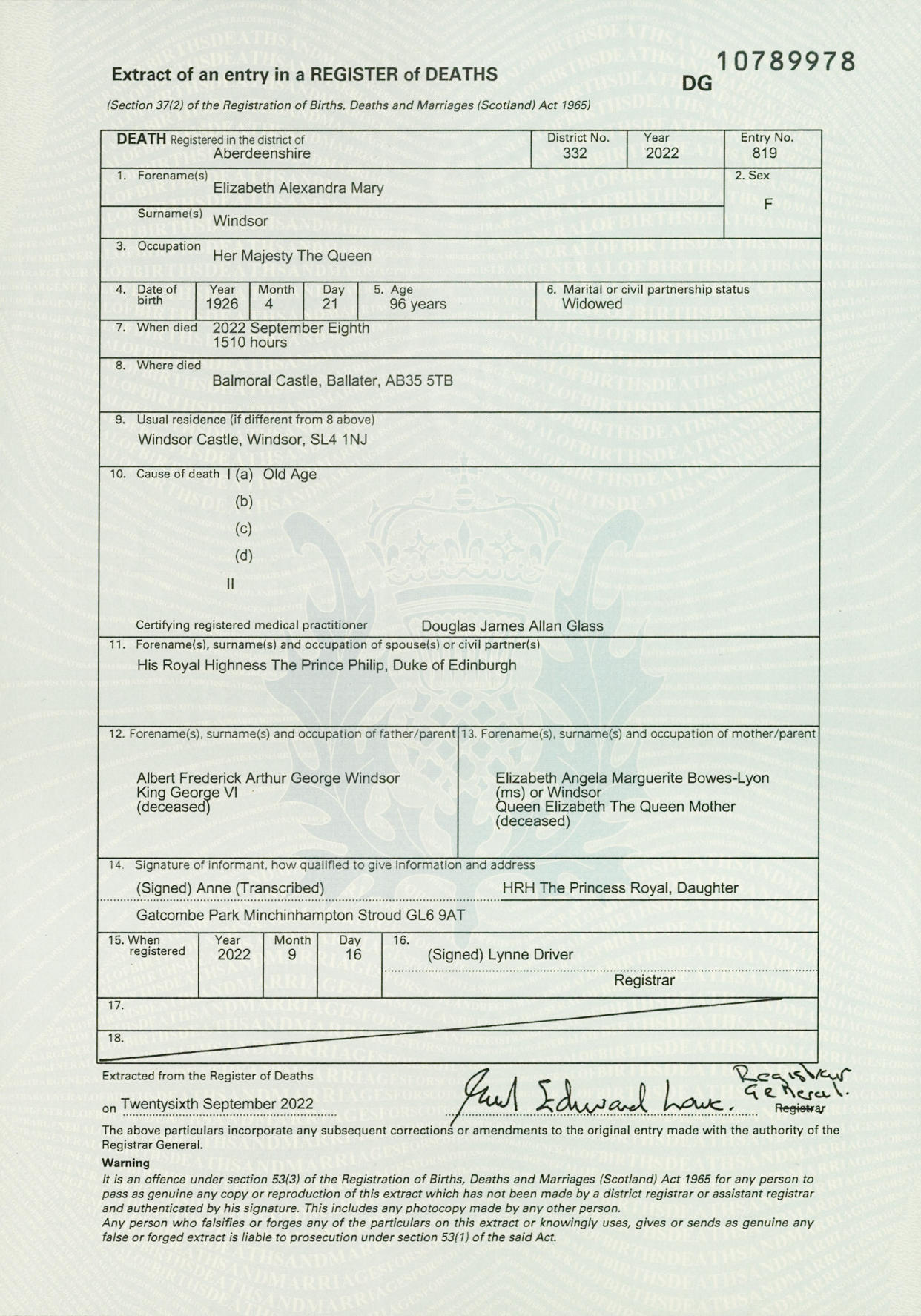 The death certificate of Queen Elizabeth II reveals how she died. (National Records of Scotland)
