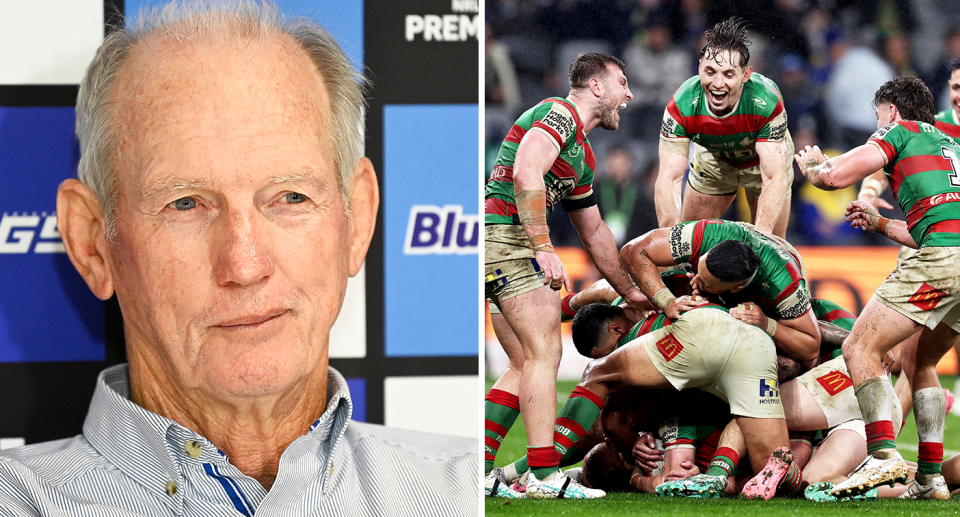 Pictured left Wayne Bennett and right Souths celebrate after try against the Eels