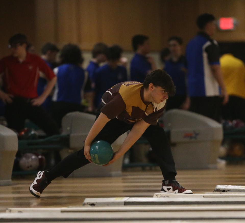 Arlington's Ryan Lashlee bowls in the Section 1 boys bowling championship in Fishkill on February 14, 2024. Lashlee had a final combined score of 1191.