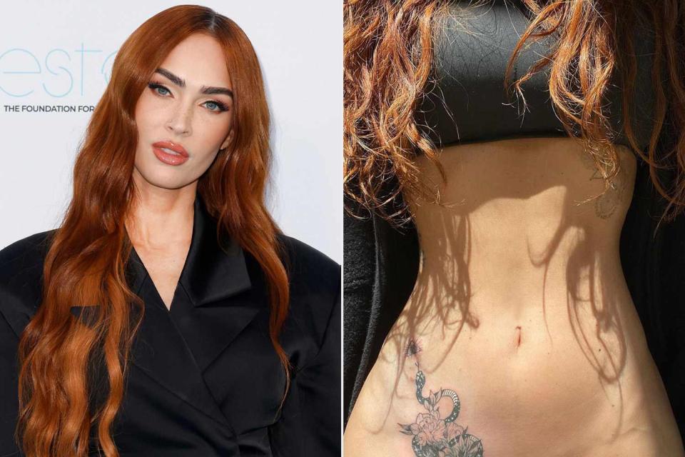 <p>Franziska Krug/Getty; Instagram/Jesse.tattoo</p> Megan Fox and her new hip ink, a coverup of a tattoo dedicated to ex-husband Brian Austin Green.