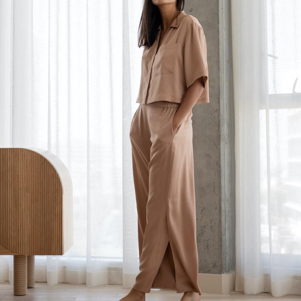 Washable Silk Button Down Pant Set. Image via Lunya.