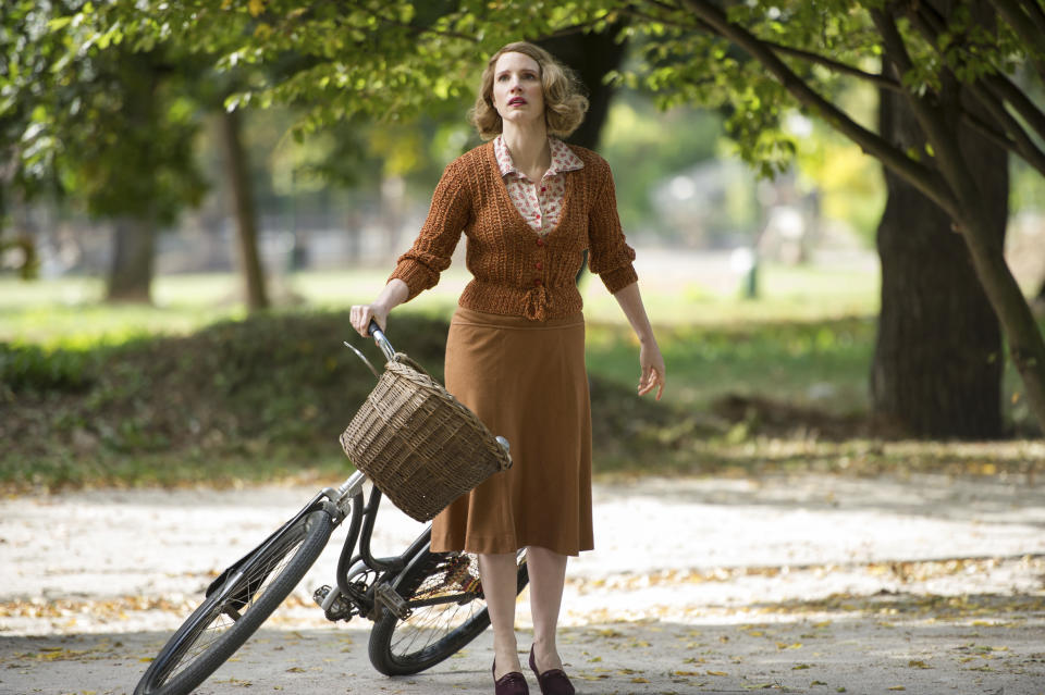 This image released by Focus Features shows Jessica Chastain in a scene from "The Zookeeper's Wife." (Anne Marie Fox/Focus Features via AP)