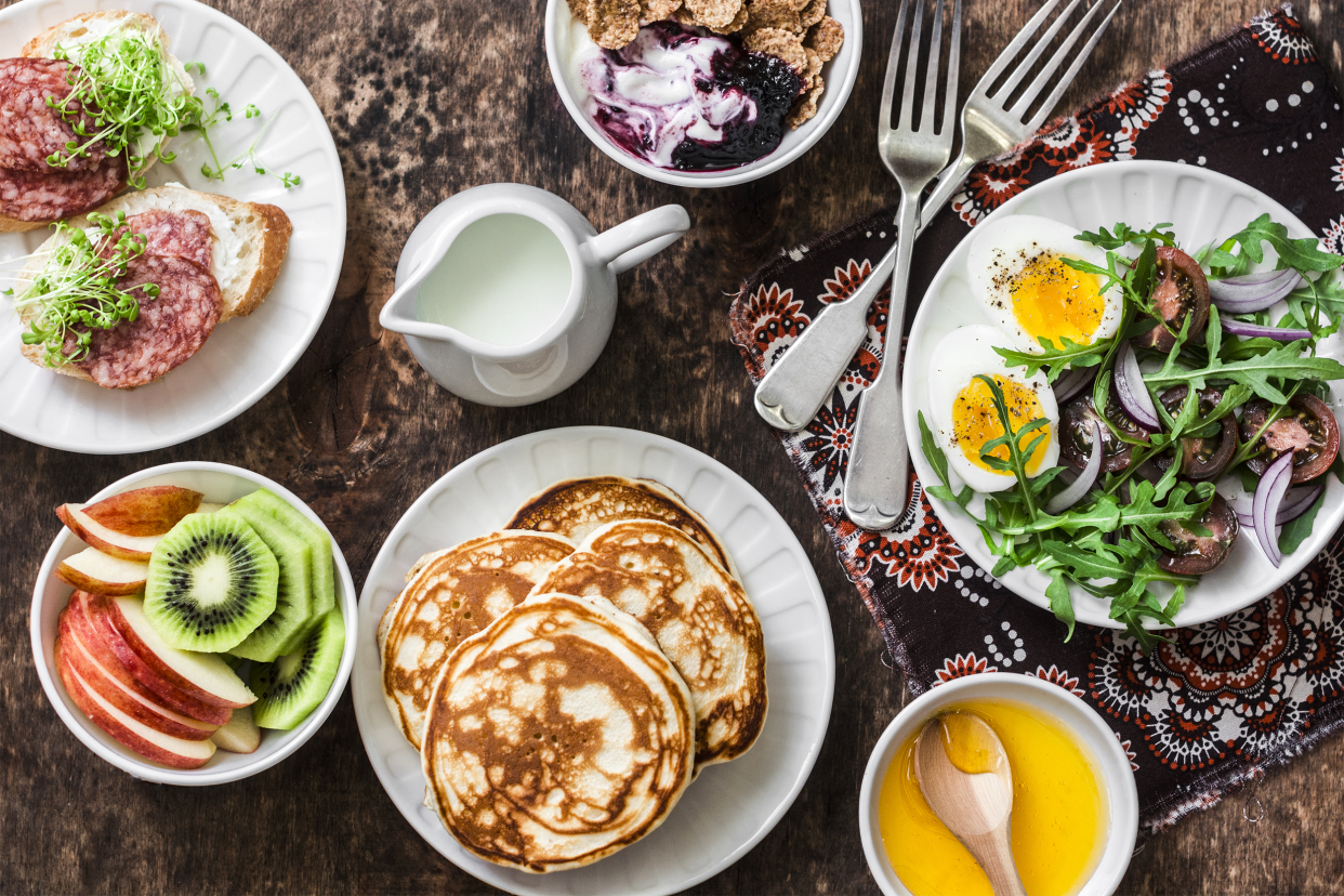 Brunch dishes on a table