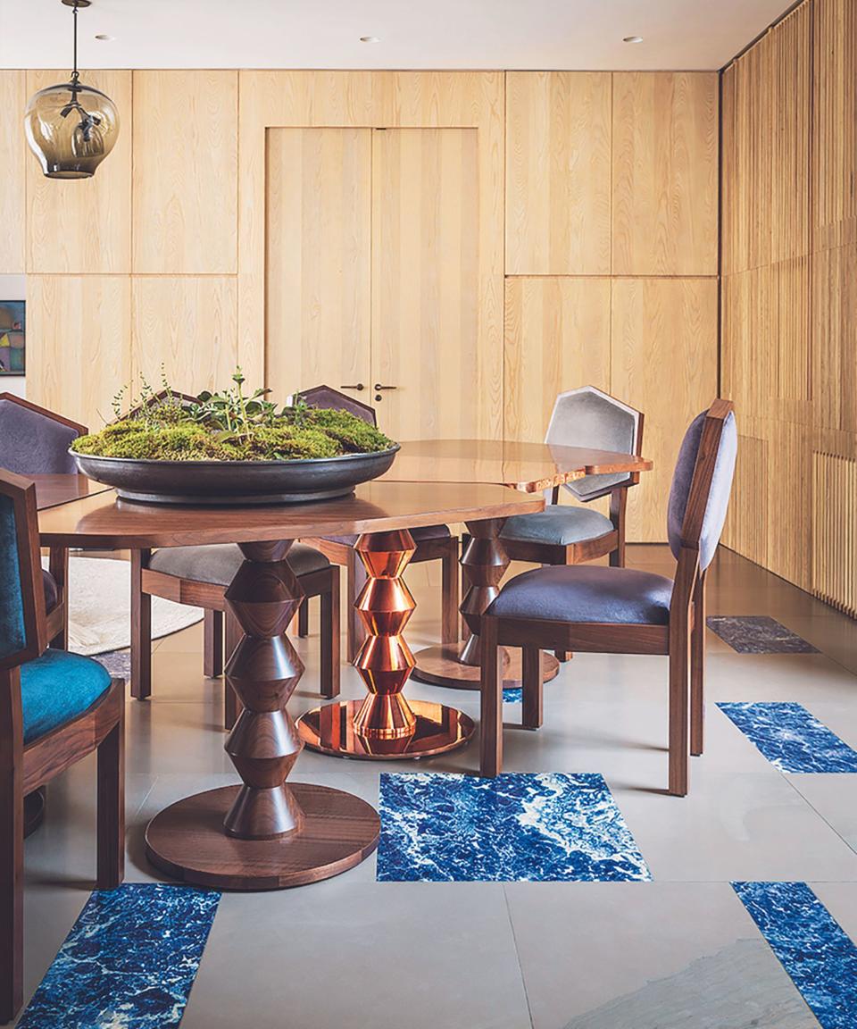 Blue tiles and chair, wooden table