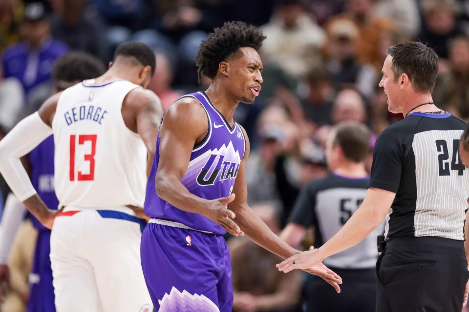 Utah Jazz guard Collin Sexton (2) reacts to a call during the game against the LA Clippers at the Delta Center in Salt Lake City on Friday, Dec. 8, 2023. | Spenser Heaps, Deseret News