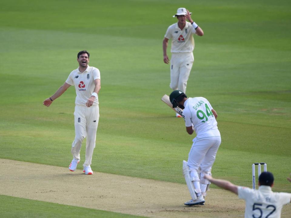 James Anderson celebrates taking the wicket of Pakistan's Shan Masood lbw: Reuters