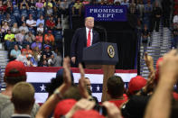 President Donald Trump speaks during a rally in Estero, Fla., Wednesday, Oct. 31, 2018. Trump is campaigning for Florida Republican Gov. Rick Scott, who is challenging incumbent Democratic Sen. Bill Nelson for a seat in the Senate. (AP Photo/Susan Walsh)