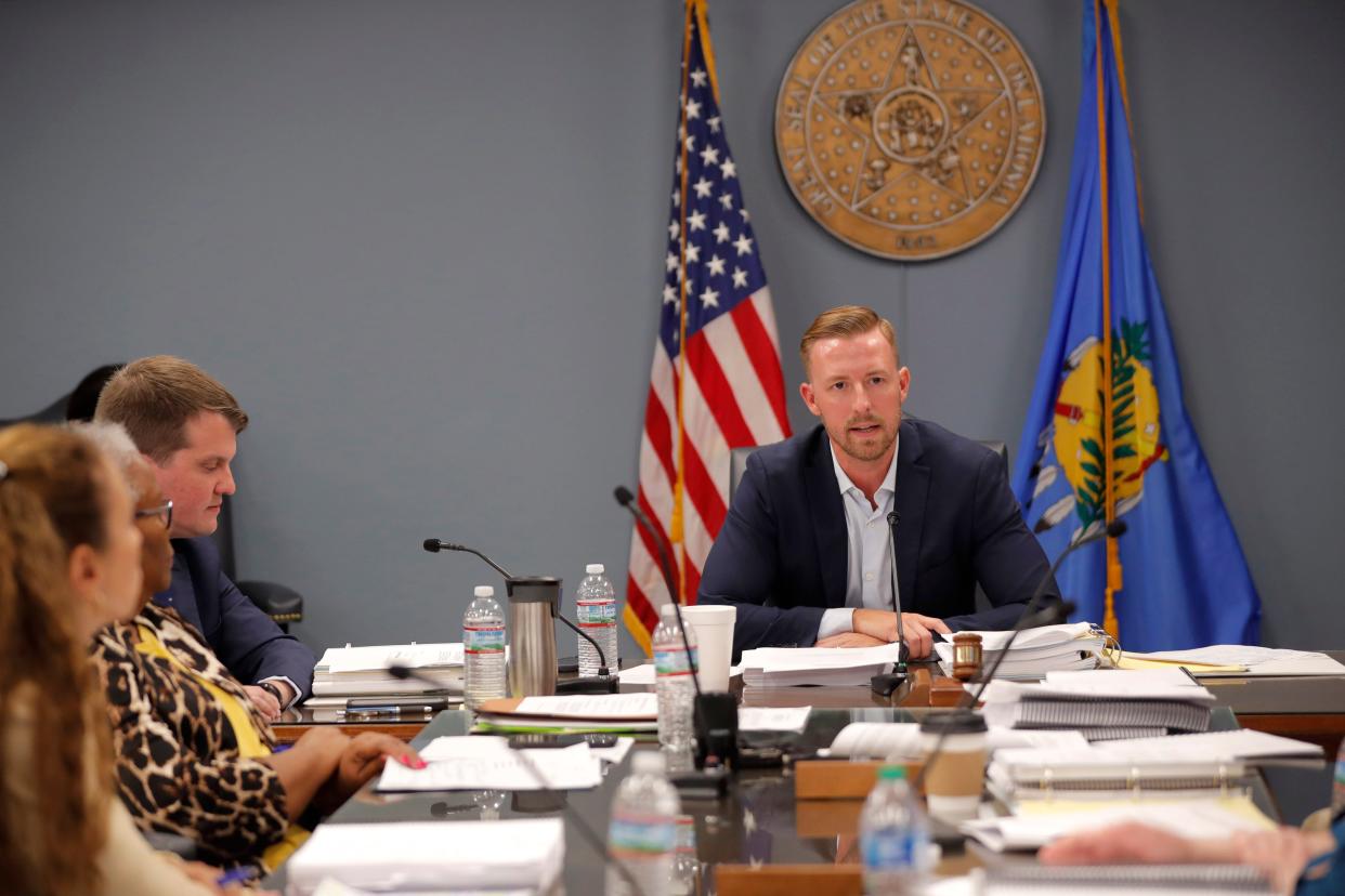 Oklahoma State Schools Superintendent Ryan Walters speaks during an Oklahoma State Board of Education meeting, Thursday, Aug. 24, 2023.
