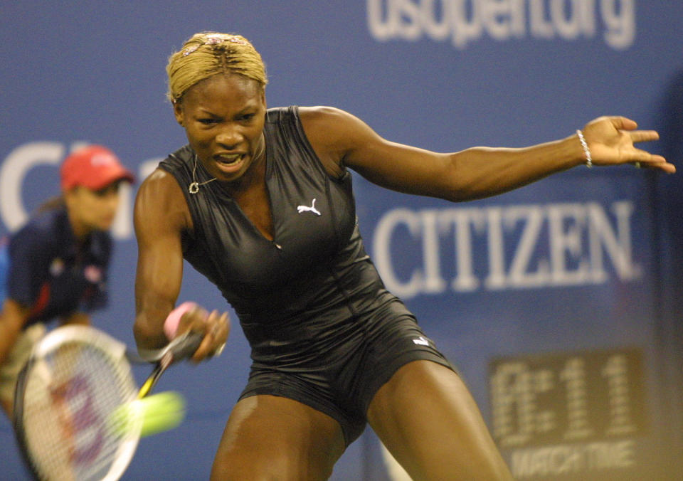 Serena Williams wins her first round match of the 2002 U.S. Open against Corina Morariu 6-2, 6-3. (Photo by Cynthia Lum/WireImage)