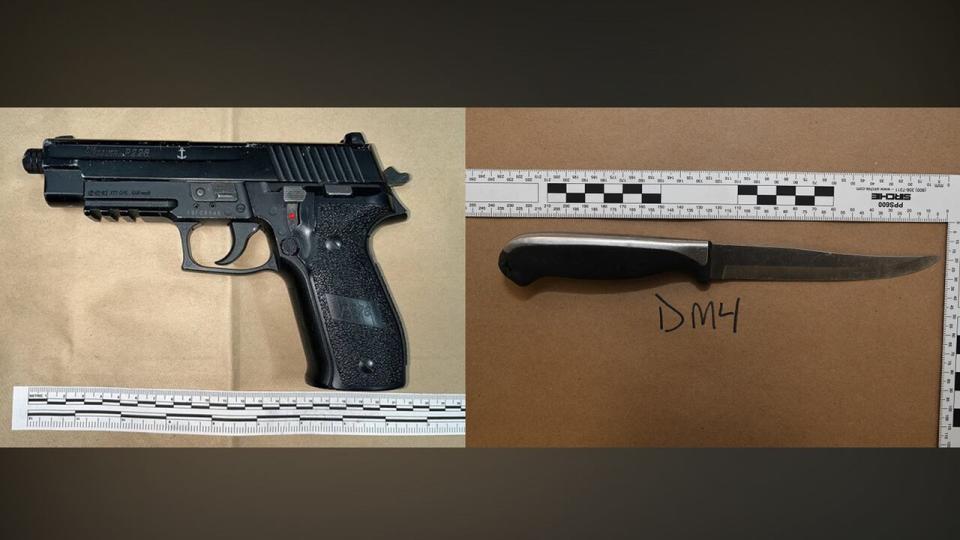 ASIRT distributed photographs of weapons allegedly found at the scene of two fatal police incidents this week. The police watchdog says a pellet pistol (left) was recovered from a Laurel apartment where a woman was killed Wednesday during a mental health call, and that a knife was recovered from an Oliver scene where a man was killed Sunday. 