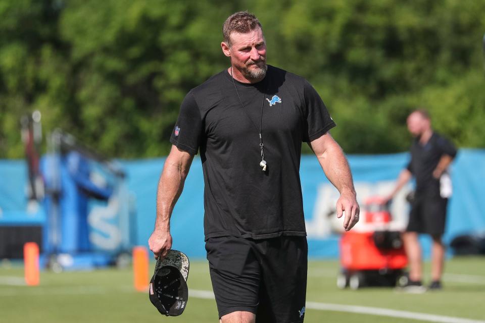 Detroit Lions head coach Dan Campbell walks off the field after practice during training camp at the Detroit Lions Headquarters and Training Facility in Allen Park on Sunday, July 23, 2023.
