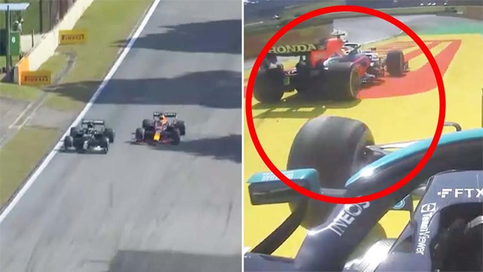 Max Verstappen's dashboard footage over the incident involving Lewis Hamilton at the Brazil GP where he was forced off the track.