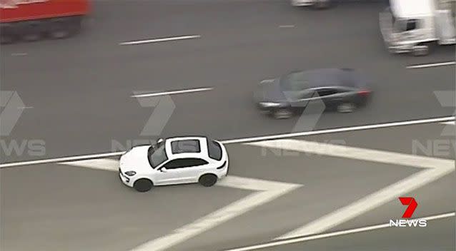 The stolen white Porsche Macan led police on a high-speed chase across Melbourne before it was dumped at a shopping centre. Picture: 7 News