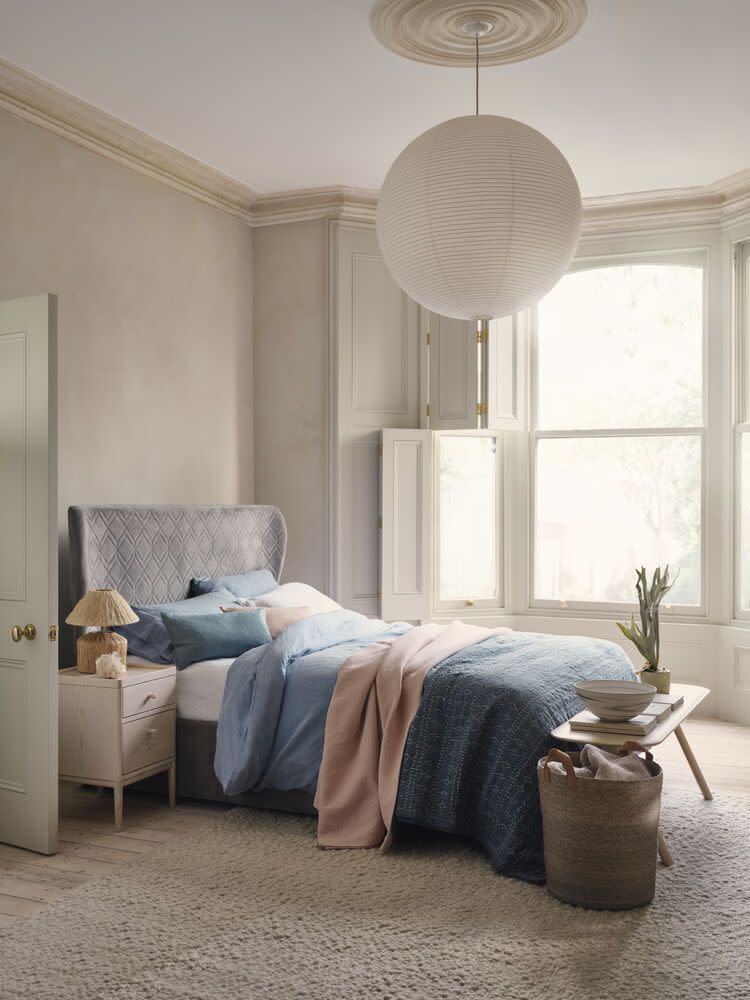 <p>'You might think that blue is too cool a colour to add to your bedroom but you'd be surprised. Team silver shades with chalky cornflower blue hues for a beautiful, dreamy look,' says Sarah.</p><p>This pairing makes the perfect backdrop for pale woods and rattan. <br></p><p>Pictured: <a href="https://www.dreams.co.uk/neva-velvet-finish-ottoman-bed-frame/p/251-00790/" rel="nofollow noopener" target="_blank" data-ylk="slk:House Beautiful Neva Bed at Dreams;elm:context_link;itc:0" class="link ">House Beautiful Neva Bed at Dreams</a></p>