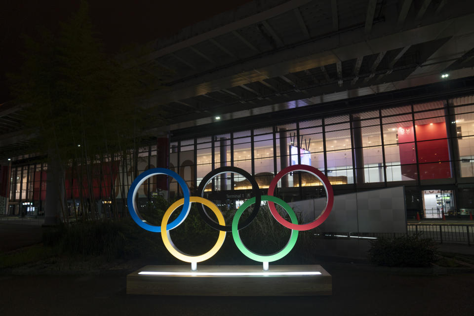 The Olympics rings stand outside the Narita International Airport on July 10, 2021, in Narita, near Tokyo. Japan’s massive security apparatus for the upcoming Summer Olympics is raising complaints that the nation, during the weeks of the Games, will look more like authoritarian North Korea or China than one of the world’s most powerful, vibrant democracies. (AP Photo/Jae C. Hong)
