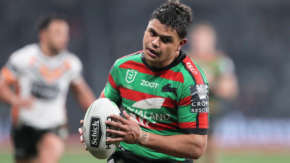 Latrell Mitchell is seen here in action for the South Sydney Rabbitohs in the NRL.