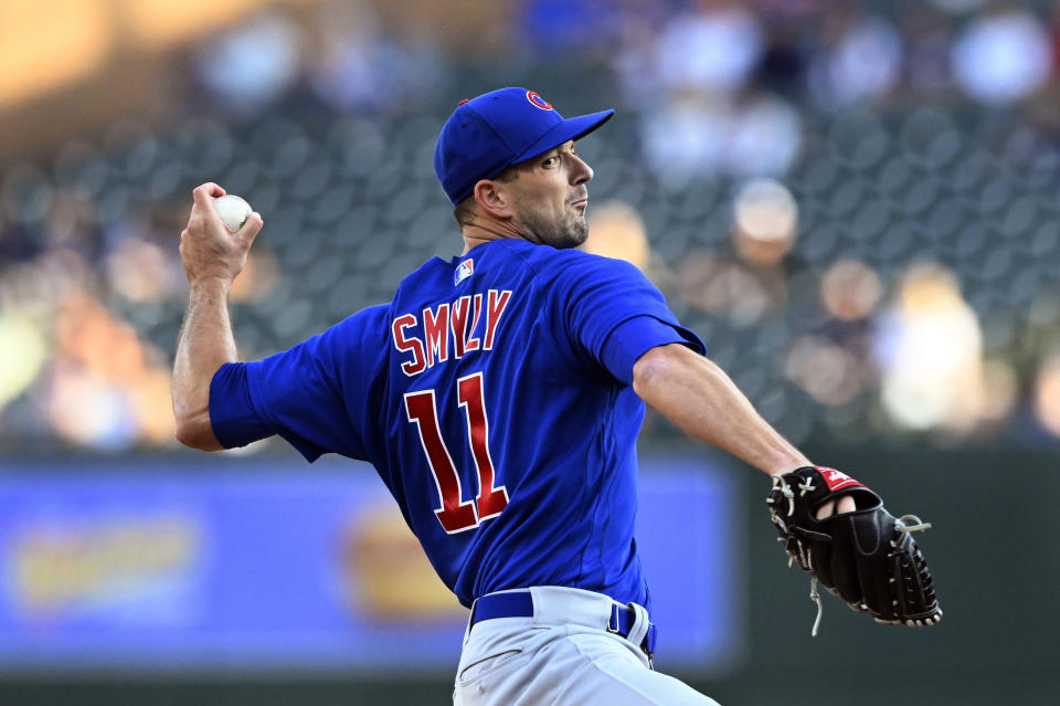 Chicago Cubs starting pitcher Drew Smyly throws to a Detroit Tigers batter during the first inning of a baseball game Tuesday, Aug. 22, 2023, in Detroit. (AP Photo/Jose Juarez)