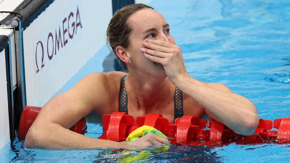 Emma McKeon, pictured here after winning the 100m freestyle final in an Olympic record. 