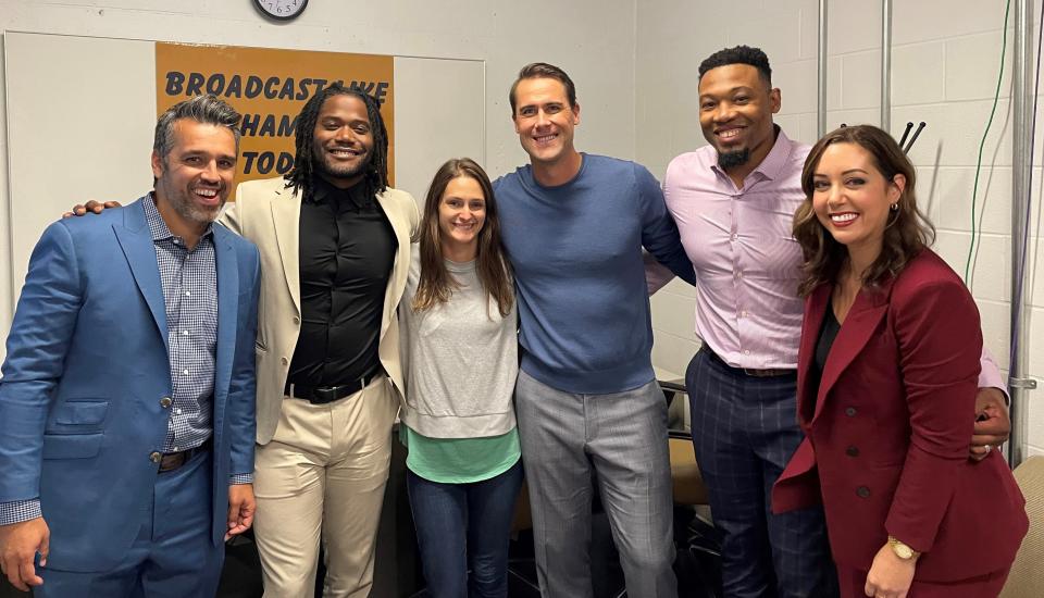 NBC senior producer Lindsay Schanzer (third from left) flanked by (l-r) 'B1G College Countdown'
colleagues Ahmed Fareed, Michael Robinson, Matt Cassell, Joshua Perry and Nicole Auerbach.