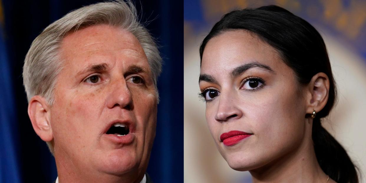 Close up images of Rep. Kevin McCarthy and Rep. Alexandria Ocasio-Cortez side by side.