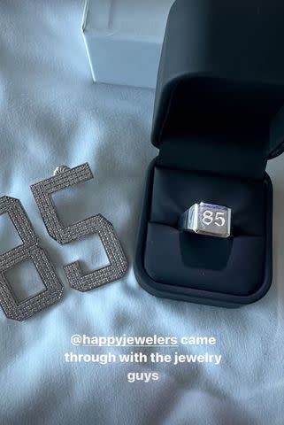 <p>Claire Kittle/Instagram</p> Claire Kittle wears "85" earrings and ring to 2024 Super Bowl