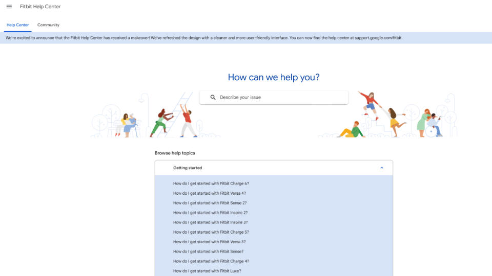 The new Fitbit Help Center on Google's support website.