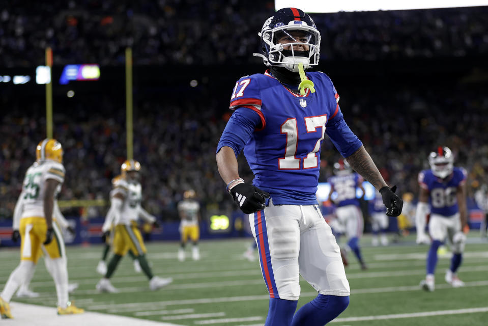 New York Giants wide receiver Wan'Dale Robinson (17) reacts after gaining a first down against the Green Bay Packers during the fourth quarter of an NFL football game, Monday, Dec. 11, 2023, in East Rutherford, N.J. (AP Photo/Adam Hunger)