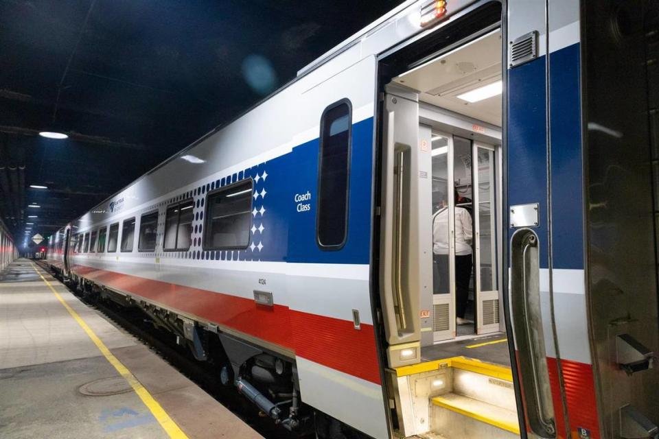 The exterior of a new Siemens Venture passenger car is displayed at Chicago’s Union Station after a news conference announcing faster rail service. Illinois is part of a multi-state consortium working to purchase 88 new single-level railcars that are fully accessible for persons with disabilities.