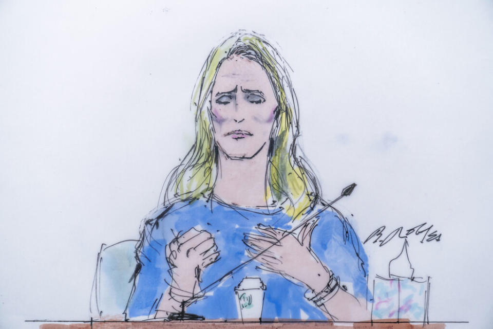 In this courtroom artist sketch, Jennifer Siebel Newsom, a documentary filmmaker and the wife of California Gov. Gavin Newsom, testifies at the trial of Harvey Weinstein on Nov. 14, 2022.