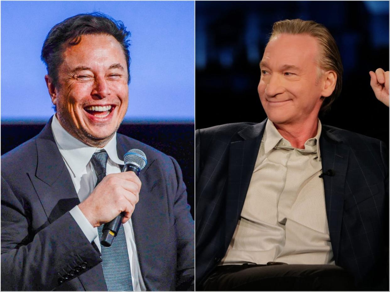 Elon Musk, left, and Bill Maher, right.