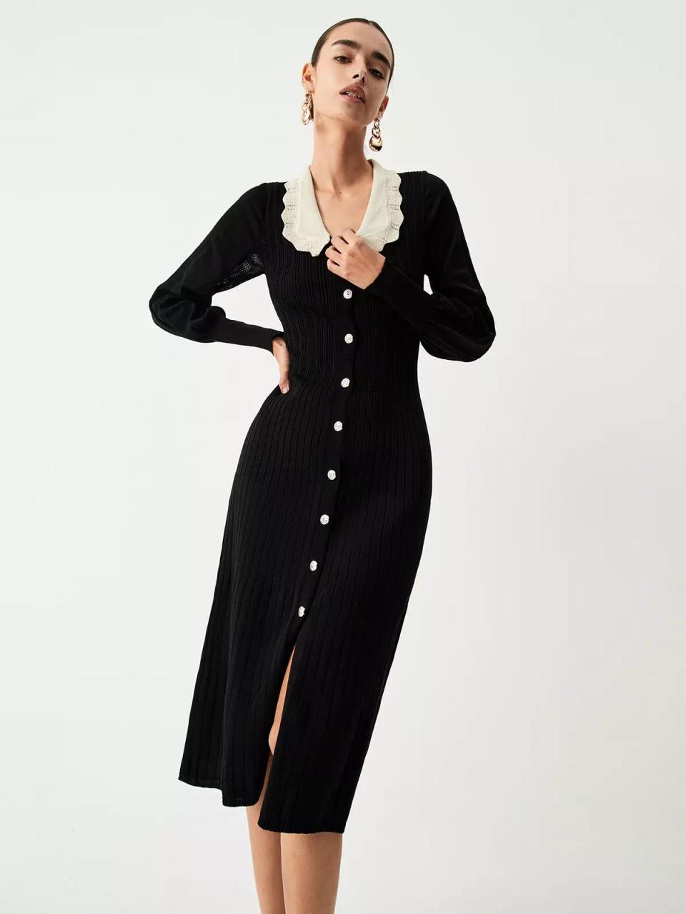<p><a href="https://thecommense.com/collections/sweater-dresses/products/contrast-eyelet-collar-long-sleeve-midi-sweater-dress" rel="nofollow noopener" target="_blank" data-ylk="slk:Shop Now;elm:context_link;itc:0;sec:content-canvas" class="link ">Shop Now</a></p><p>Contrast Eyelet Collar Long Sleeve Midi Sweater Dress</p><p>thecommense.com</p><p>$49.00</p>