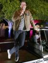 <p>Jon Hamm speaks at a drive-in screening of his movie <i>Baby Driver</i> on Sunday in Culver City, Calif. </p>