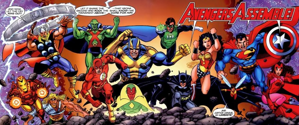 The Justice League and the Avengers assemble in the JLA/Avengers series, art by George Perez.