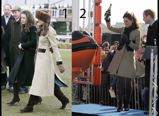 <strong>LOOK 1</strong>: At the Cheltenham Races on March 17, 2006, keeping warm with a fur hat.  <br>  <br><strong>LOOK 2</strong>: Launching a lifeboat in Wales on February 24, 2011. Catherine got the coat shortened (a look we much prefer!). (Getty photos)