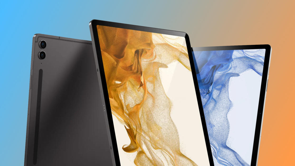  Samsung Galaxy Tab S9 FE and Samsung Galaxy Tab S9 FE Plus product renders in front of orange to blue gradient background 