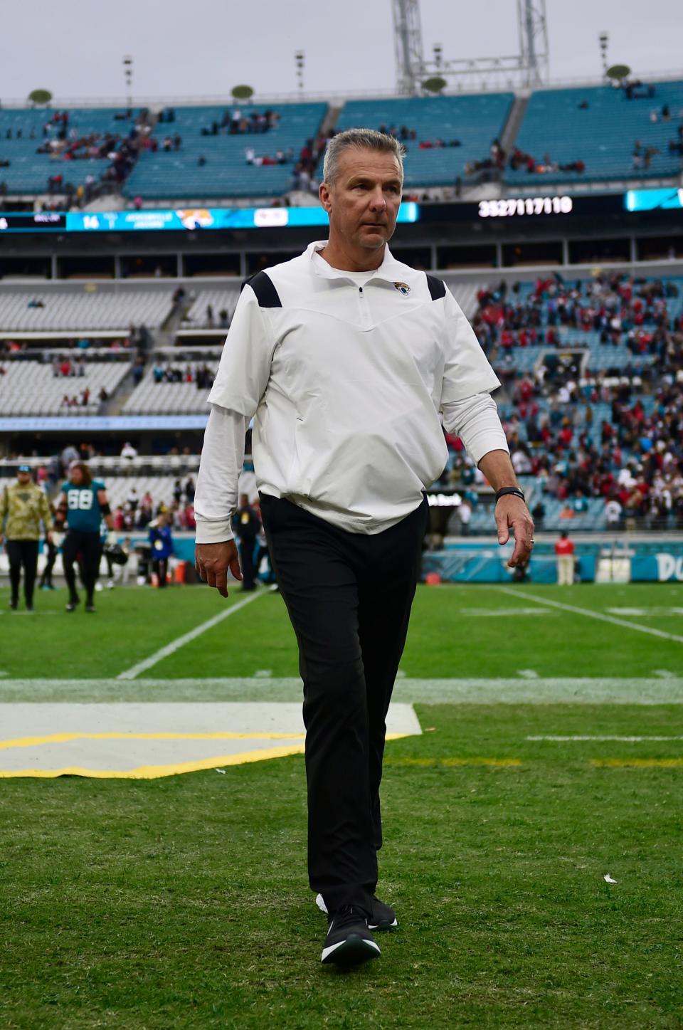 Jacksonville Jaguars head coach Urban Meyer walks off the field after the game Sunday, Nov. 28, 2021 at TIAA Bank Field in Jacksonville. The Jaguars hosted the Falcons during a regular season NFL matchup. Atlanta defeated Jacksonville 21-14. 