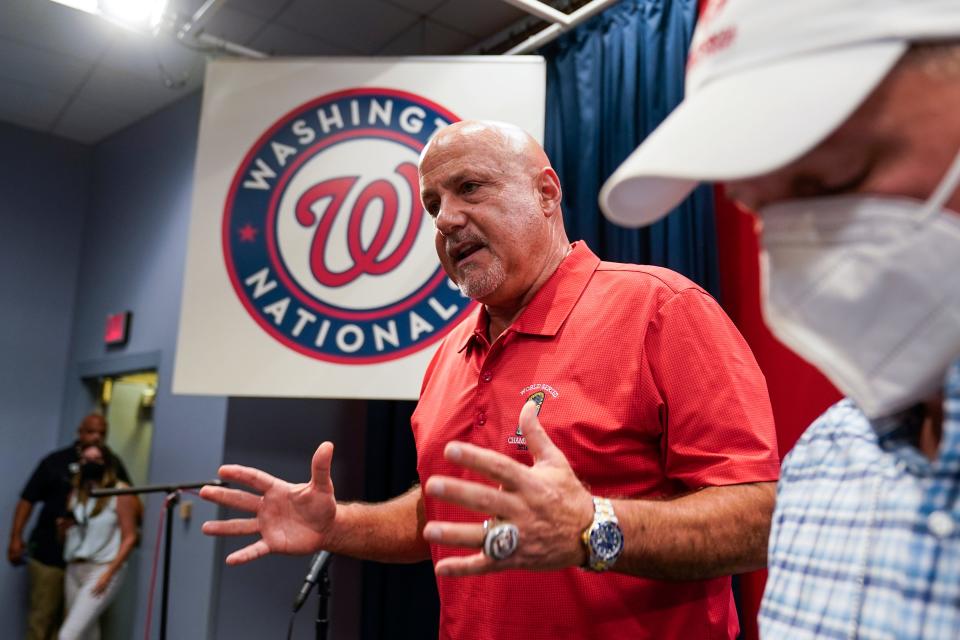 GM Mike Rizzo speaks with reporters about the team's trades on Tuesday.