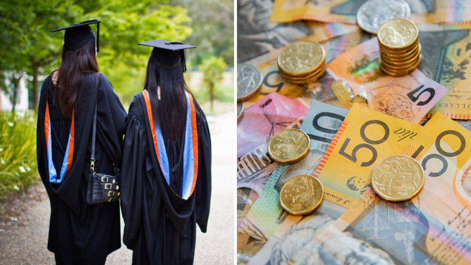 University graduates. Australian money. Jobs and salary concept.