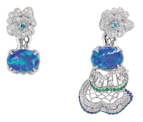 Dior white gold, diamond, black opal, sapphire, emerald and Paraiba-type tourmaline Dentelle Velours earrings