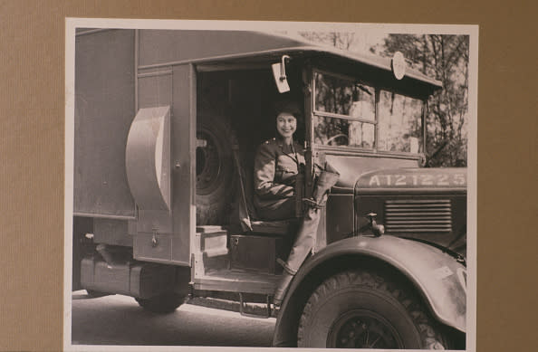 Princess Elizabeth (now Queen Elizabeth II) driving an ambulance during her wartime service in the A.T.S. (Auxiliary Territorial Service), 10th April 1945. (Photo by Bryn Colton/Getty Images)